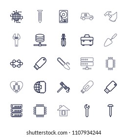 Hardware icon. collection of 25 hardware outline icons such as hammer, nail, toolbox, pliers, cpu planet, cpu, flash drive, server. editable hardware icons for web and mobile.
