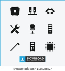 Hardware icon. collection of 9 hardware filled icons such as cpu, garden hammer, server, cpu. editable hardware icons for web and mobile.