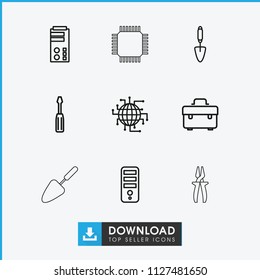 Hardware icon. collection of 9 hardware outline icons such as cpu, toolbox, screwdriver, trowel, cpu planet, server. editable hardware icons for web and mobile.