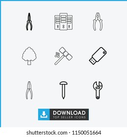 Hardware icon. collection of 9 hardware outline icons such as nail, wrench, pliers, usb drive, hammer, cpu in tree. editable hardware icons for web and mobile.