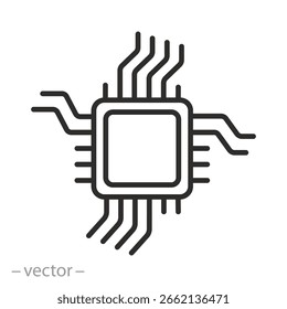 ícone de hardware, placa de circuito impresso eletrônico, chip digital de cpu, placa de circuito, símbolo fino no fundo branco - ilustração de vetor de traço editável
