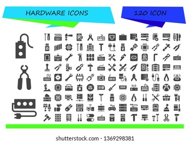 hardware icon set. 120 filled hardware icons.  Collection Of - Controller, Socket, Pliers, Screw, Keyboard, Hammer, Hard disk, Toolbox, Server, Cd, Configuration, Tools, Usb, Sony