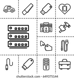 Hardware icon. set of 13 outline hardwareicons such as cpu, saw, toolbox, trowel, hummer, flash drive, wire, usb drive, cpu in car, cpu in heart
