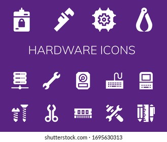 hardware icon set. 14 filled hardware icons. Included Harddrive, Wrench, Cpu, Pliers, Screw, Server, Tool, Ram, Hdd, Tools, Keyboard, Old computer icons