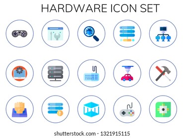 hardware icon set. 15 flat hardware icons.  Simple modern icons about  - game controller, configuration, maintenance, server, virus search, keyboards, d printer, tools, cpu