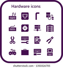 hardware icon set. 16 filled hardware icons.  Simple modern icons about  - Keyboard, Socket, Allen keys, Hard drive, Cpu, Server, Tool, Configuration, Hard disk, Pliers, Joystick