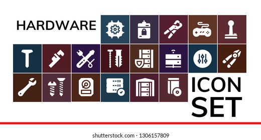 hardware icon set. 19 filled hardware icons.  Collection Of - Cpu, Screw, Wrench, Hdd, Server, Cd, Screwdriver, Controller, Plier, Harddrive, Pliers, Joystick