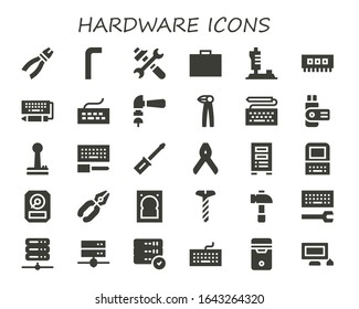 hardware icon set. 30 filled hardware icons. Included Pliers, Allen keys, Tools, Toolbox, Joystick, Ram, Keyboard, Hammer, Usb, Configuration, Screwdriver, Server, Old computer icons