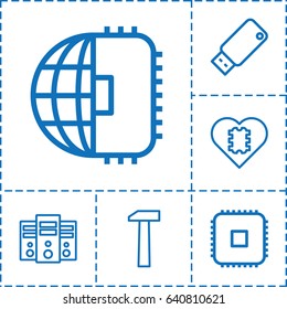 Hardware icon. set of 6 hardware outline icons such as usb drive, hummer, cpu, cpu in heart, cpu planet