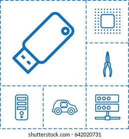 Hardware icon. set of 6 hardware outline icons such as cpu, pliers, usb drive, chip, cpu in car