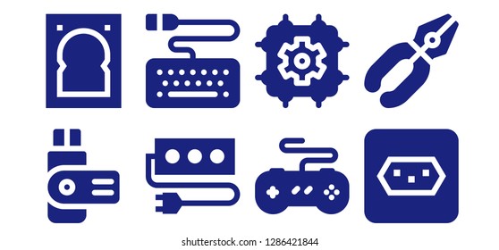  hardware icon set. 8 filled hardware icons. Simple modern icons about  - Usb, Hard drive, Socket, Keyboard, Joystick, Cpu, Pliers
