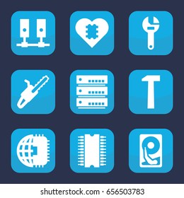 Hardware icon. set of 9 filled hardware icons such as wrench, chain saw, hummer, cpu, hard disc, cpu in heart, cpu planet