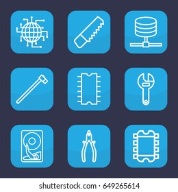 Hardware icon. set of 9 outline hardware icons such as saw, wrench, pliers, garden hammer, cpu, hard disc, cpu, cpu planet