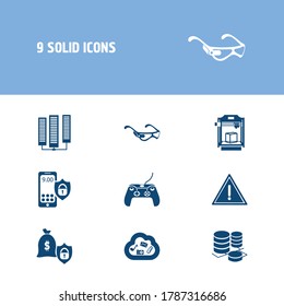 Hardware icon set and cloud storage with 3d printer, warning alert and game console. Abundance related hardware icon vector for web UI logo design.