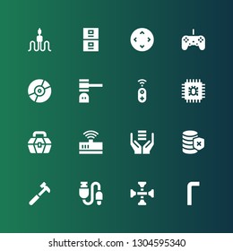 hardware icon set. Collection of 16 filled hardware icons included Allen keys, Cross wrench, Usb, Hammer, Database, Server, Modem, Toolbox, Cpu, Controller, Cd, Cable