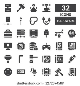 hardware icon set. Collection of 32 filled hardware icons included Server, Hammer, Cpu, d printer, Ram, Controller, Wrench, Maintenance, Cd, Allen keys, Cable, Microchip, Hosting