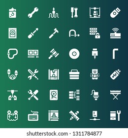 hardware icon set. Collection of 36 filled hardware icons included Configuration, Circuit, Tools, Maintenance, Keyboard, Electrical circuit, d printer, Hosting, Hard drive, Usb