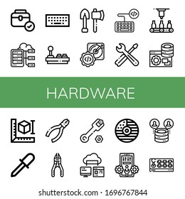 hardware icon set. Collection of Toolbox, Server, Keyboard, Joystick, Tools, Hard disk, Automatic, d printer, Screwdriver, Pliers, Plier, Wrench, Computer storage, Cd, Configuration icons