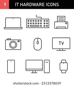 IT Hardware Icon Set, Electronic Device Symbols, Computer and Camera