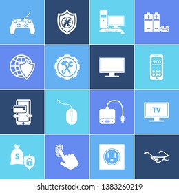 Hardware icon set and game console with mobile banking, smart glasses and pill battery. Television related hardware icon vector for web UI logo design.