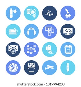 Hardware icon set and joystick with technical support, drone and 3d printer. Quadcopter related hardware icon vector for web UI logo design.