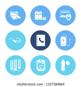 Hardware icon set and laptop with 3d printer, pill battery and password protection. Accumulator related hardware icon vector for web UI logo design.