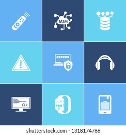 Hardware icon set and smart watch with password protection, headphone and machine to machine. Earphone related hardware icon vector for web UI logo design.