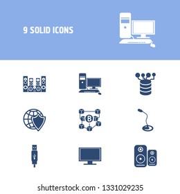 Hardware icon set and sound system with microphone, blockchain and internet protection. Screen related hardware icon vector for web UI logo design.