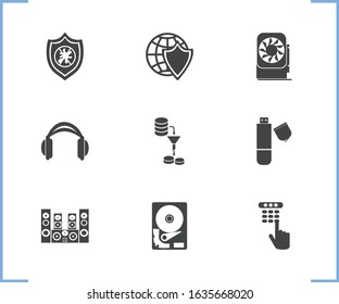 Hardware icon set and sound system with hdd, headphone and flash drive. Funnel related hardware icon vector for web UI logo design.