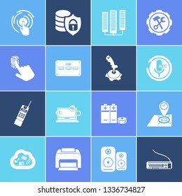 Hardware icon set and technical support with computer widget, old mobile phone and pill battery. Database related hardware icon vector for web UI logo design.