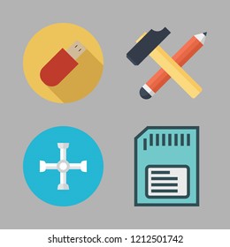 hardware icon set. vector set about memory card, wrench, tools and pendrive icons set.
