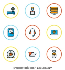 Hardware icons colored line set with headphones, internet, hard disk and other camera elements. Isolated vector illustration hardware icons.