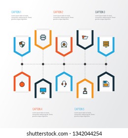 Hardware icons colored line set with shield, floppy disk, folder and other document case elements. Isolated vector illustration hardware icons.