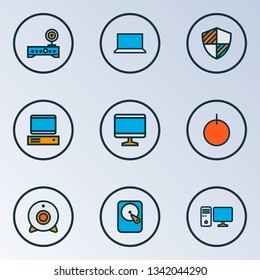 Hardware icons colored line set with shield, computer, hard disk and other power on elements. Isolated vector illustration hardware icons.