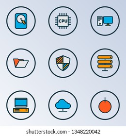 Hardware icons colored line set with PC, online cloud, hard disk and other power on elements. Isolated vector illustration hardware icons.