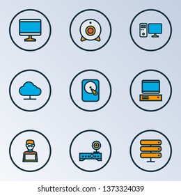 Hardware icons colored line set with wi-fi modem, man with laptop, PC and other workstation elements. Isolated vector illustration hardware icons.