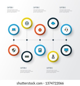 Hardware icons colored line set with cpu, laptop, online cloud and other power on elements. Isolated vector illustration hardware icons.