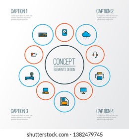 Hardware icons colored line set with wi-fi modem, online cloud, printer and other document case elements. Isolated vector illustration hardware icons.