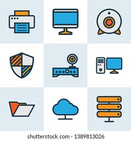 Hardware icons colored line set with computer monitor, wi-fi modem, PC and other screen elements. Isolated vector illustration hardware icons.