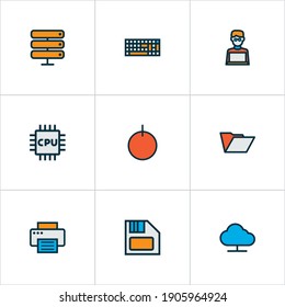 Hardware icons colored line set with floppy disk, computer keyboard, folder and other database elements. Isolated vector illustration hardware icons.