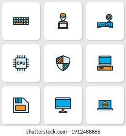 Iconos de hardware coloridos con cpu, teclado de computadora, módem wi-fi y otros elementos de microprocesador. Iconos de hardware de ilustración vectorial aislados.