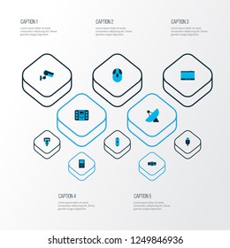 Hardware icons colored set with battery, video control, video camera and other presentation elements. Isolated vector illustration hardware icons.