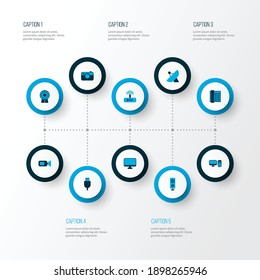 Hardware icons colored set with loudspeaker, PC, sputnik antenna and other cord elements. Isolated vector illustration hardware icons.