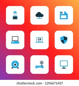 Hardware icons colored set with man with notebook, computer, webcam and other camera elements. Isolated vector illustration hardware icons.