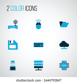 Hardware icons colored set with man with notebook, keyboard, cpu and other keypad elements. Isolated vector illustration hardware icons.