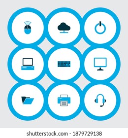 Hardware icons colored set with online cloud, headphones, computer mouse and other file elements. Isolated vector illustration hardware icons.