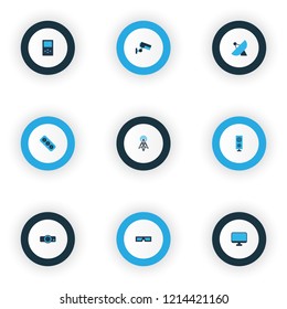 Hardware icons colored set with router, loudspeaker, video camera and other amplifier elements. Isolated vector illustration hardware icons.