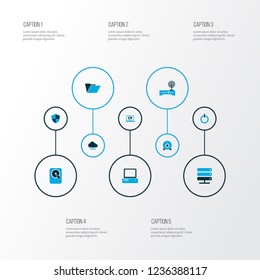 Hardware icons colored set with shield, computer, webcam and other PC elements. Isolated vector illustration hardware icons.