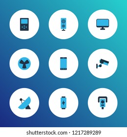 Hardware icons colored set with smartphone, loudspeaker, monitor and other mp3 elements. Isolated vector illustration hardware icons.