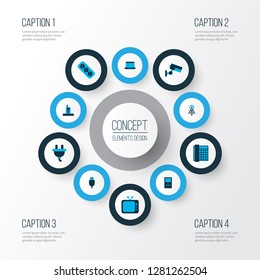 Hardware icons colored set with tv, player, router and other communication tower elements. Isolated vector illustration hardware icons.